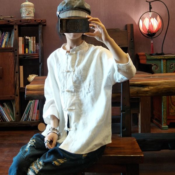 燕燕～純亞麻 砂洗純色文藝復古對襟襯衫上衣 薄外套 ab131101 