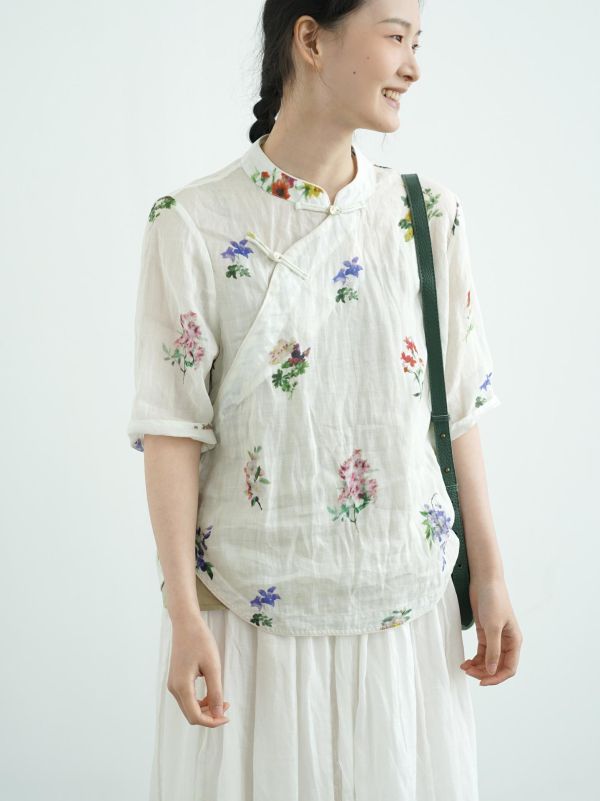 燕燕~夏季新款 立領斜襟苧扣襯衫 復古文藝短衫花朵印花茶服上衣 ab2508201 