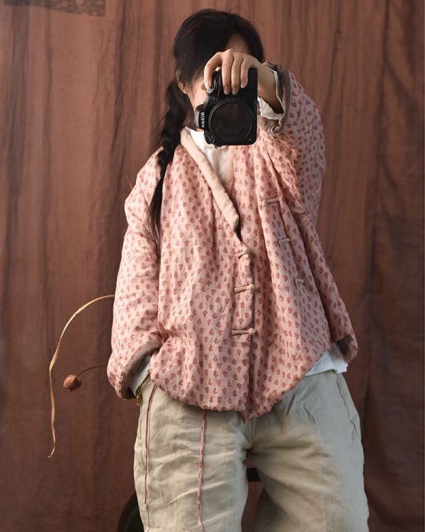 燕燕~棉麻商品~冬款. 亞麻 印花偏襟棉衣傳統手工盤扣夾棉外套 