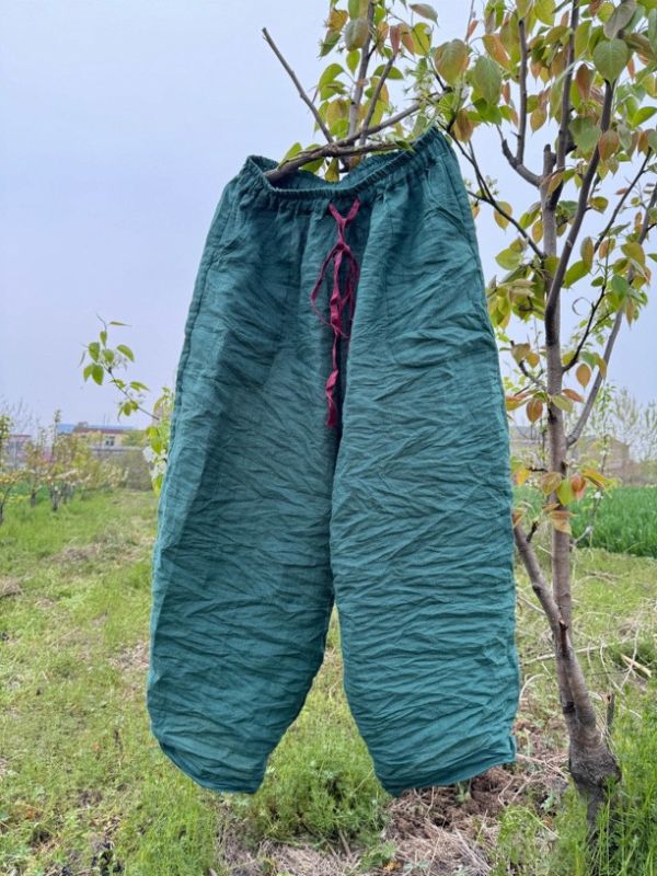 燕燕~四季款~苧麻～藝術寬鬆撞色腰帶休閒長褲 闊腿褲 