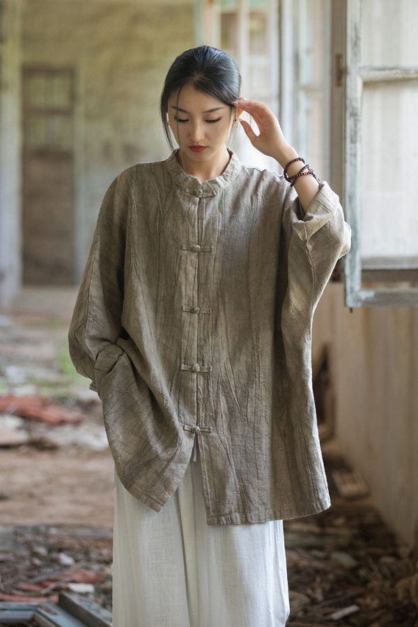 燕燕~夏秋款 棉麻商品~苧麻紮染 盤扣開衫寬鬆禪意茶服唐裝上衣外套 長袖棉麻衫 