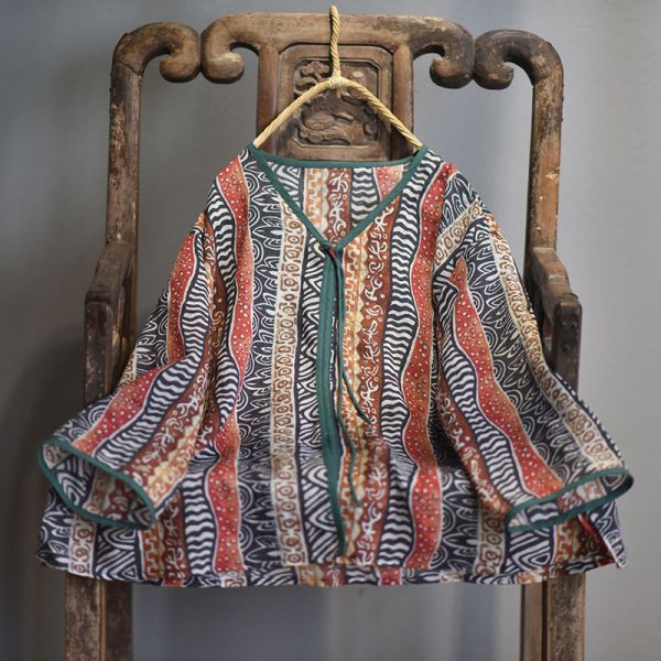 燕燕~春夏新品 復古國風印花長尾盤扣小衫 個性文藝小V領上衣 