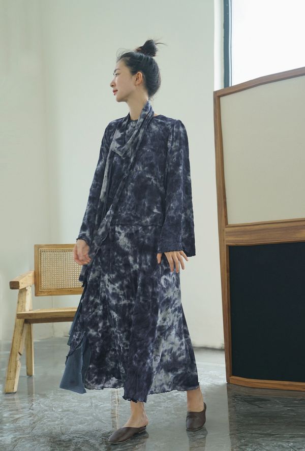 燕燕~全新中式斜襟寬袖皺布襯衫 早秋復古紮染寬鬆上衣 ＋長裙 可搭配套裝 ab2228301 