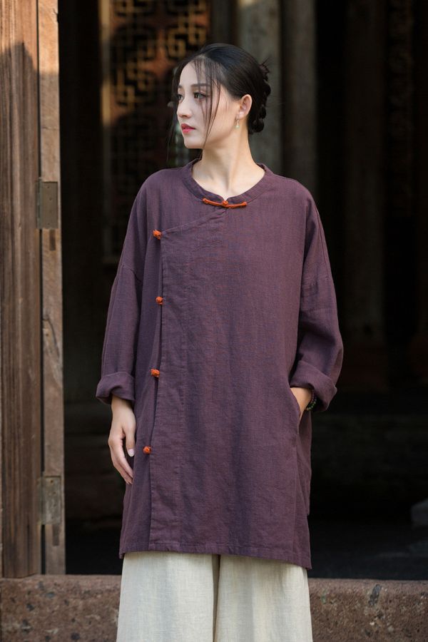 燕燕~秋季新款 苧麻砂洗大開襟衫 新中式改良簡約禪意上衣 