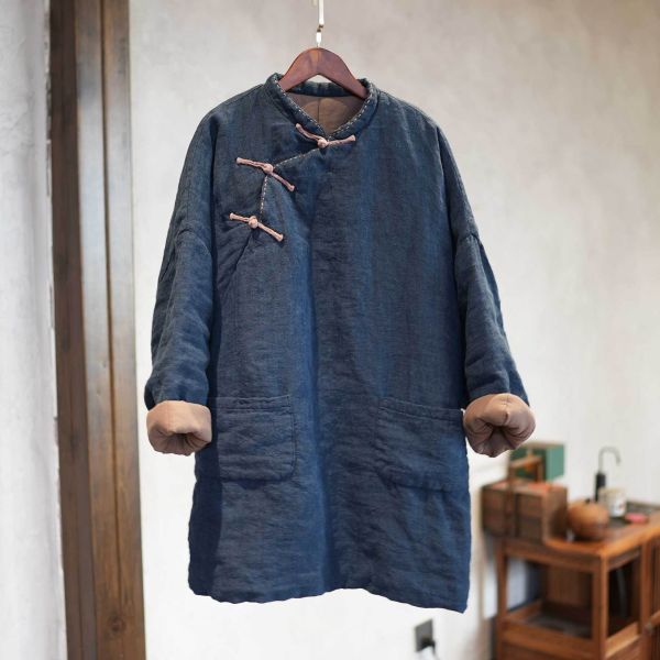 燕燕~冬季 色織亞麻加厚棉 手工縫線中長棉衣大口袋棉服棉襖外套 