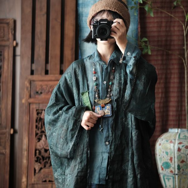 燕燕~純苧麻   手工補丁繫帶開襟袍外披外套。 ab218501 