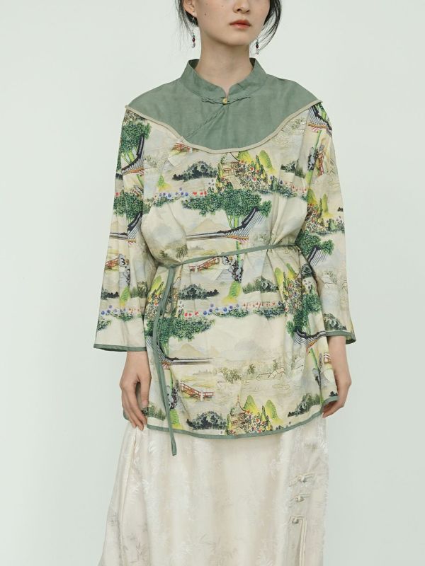 燕燕~純棉 全新中式古典新意中長上衣 印花純棉雲肩襯衫   ab2415001 