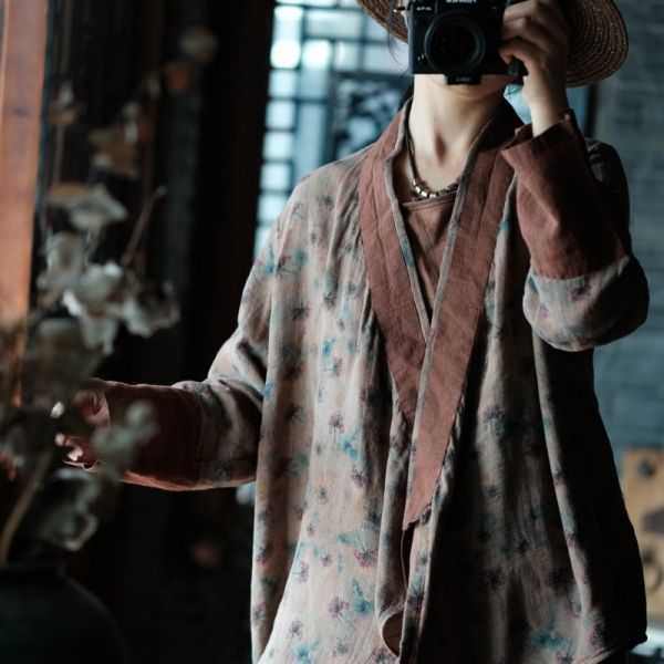 燕燕~春季新款. 純棉 數位印花復古文藝斜襟簡約小衫. 外套。ab202801 
