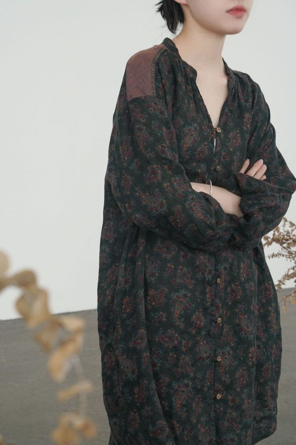 燕燕~棉麻商品~亞麻 數碼印花腰果中長襯衫 撞色長開衫 長袖棉麻衫 ab2303701 