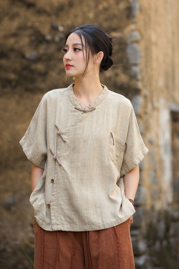 燕燕~夏季新款 亞麻紮染手縫線上衣 斜衫扣新中式女開衫上衣 外套 