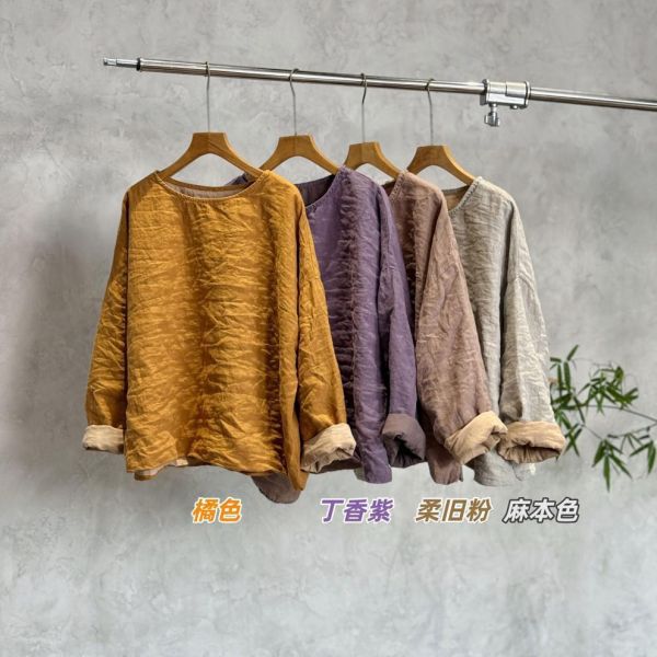 燕燕~酵素洗漢麻雙層t卹襯衫 復古風格女款 國風寬鬆上衣 