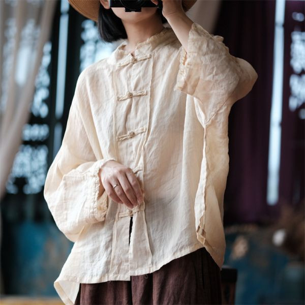 燕燕~棉麻商品~夏季新款 水洗純苧麻 數碼印花對襟小衫 上衣 長袖棉麻衫  ab206101 
