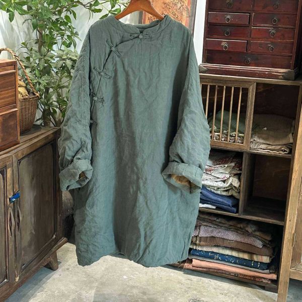 燕燕~砂洗亞麻 偏襟盤扣寬鬆棉衣長袍洋裝 連身裙 