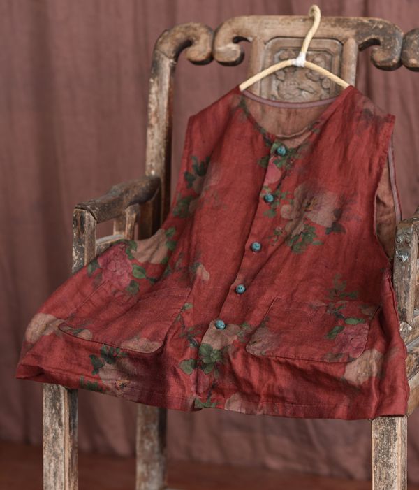 燕燕~棉麻商品~亞麻 香雲紗印花復古盤扣開衫背心 