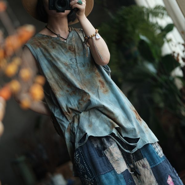 燕燕~夏季款式 復古手工植物染棉料V領背心 