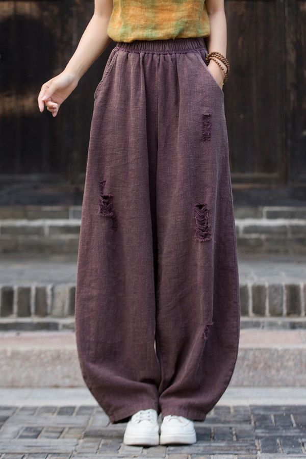 燕燕～秋季新款！苧麻 破洞炒色長褲 砂洗個性小眾流浪風燈籠褲 