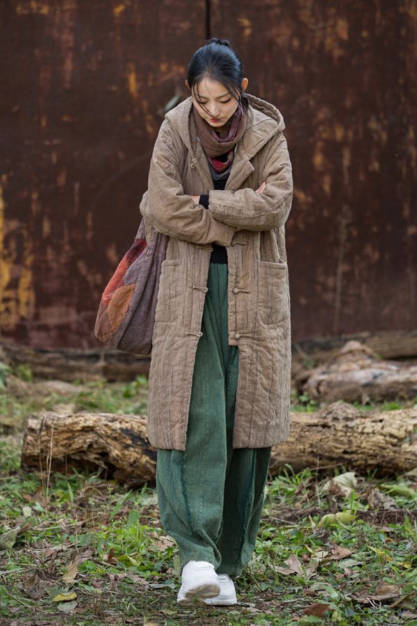 燕燕～苧麻 菱格絎縫棉服加厚保暖長款棉衣外套 