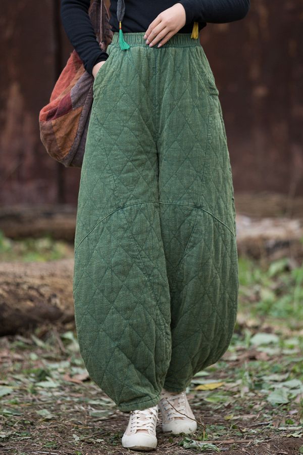 燕燕~冬季新款 復古夾棉絎縫菱形格加厚保暖燈籠棉褲 長褲 