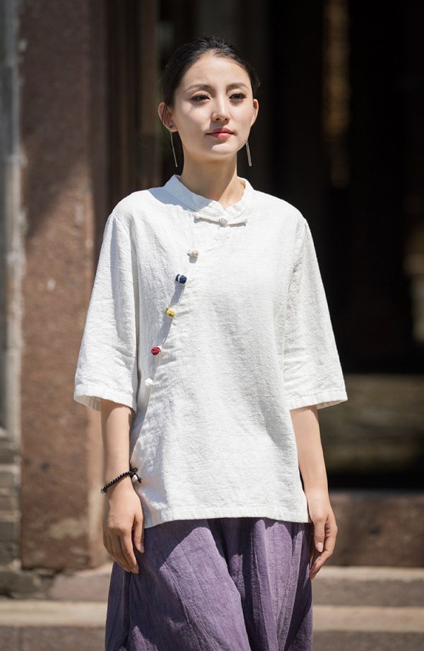 燕燕~夏季款式～苧麻立領復古盤扣上衣 茶服短袖襯衫 