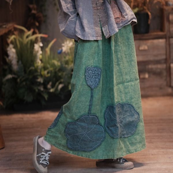 燕燕～春秋款 復古文藝高端水洗亞麻貼花長裙 