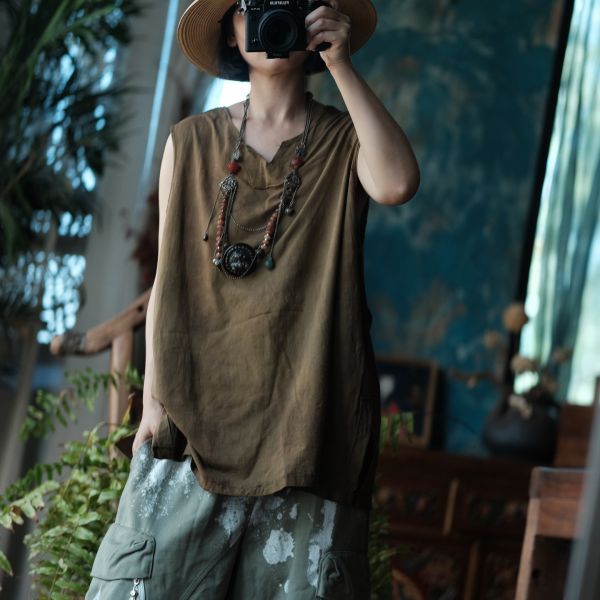 燕燕~夏季款式 復古手工植物染棉料V領背心 