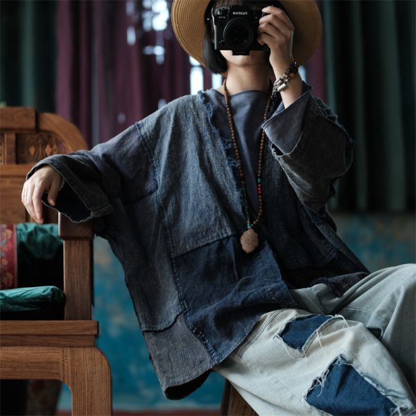 燕燕~秋冬新款 棉麻毛邊拼布開襟衫外披外套  長袖棉麻衫。ab210401 