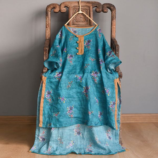 燕燕~棉麻商品~純苧麻材質 數碼印花盤扣中長款前短後長上衣 洋裝 連身裙 