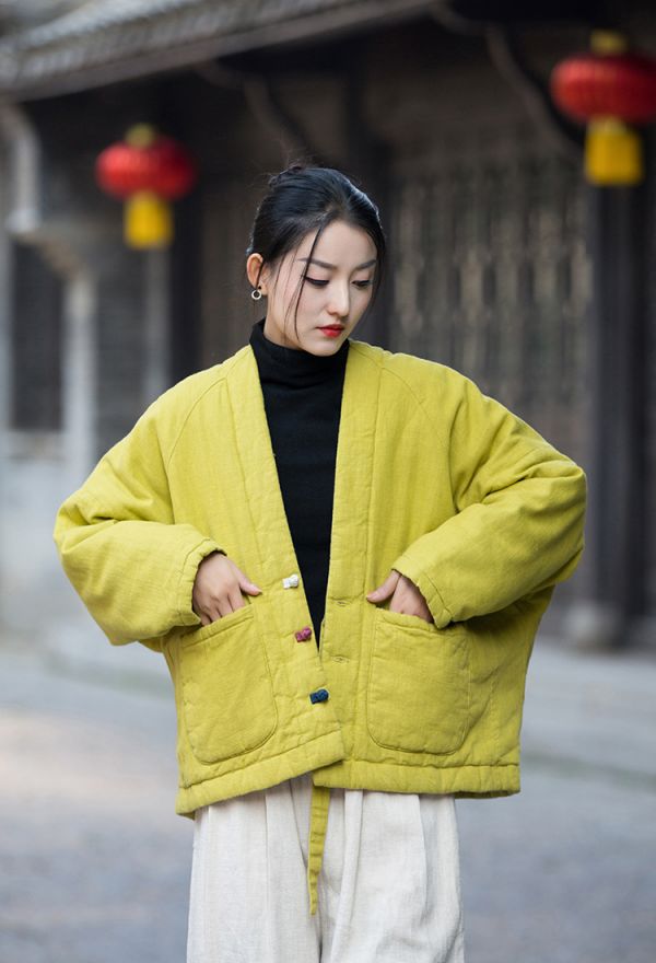 燕燕~棉麻商品~秋冬新品   復古盤扣夾棉上衣女式苧麻保暖短款棉衣外套 
