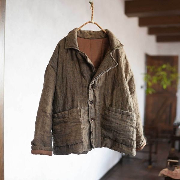 燕燕~厚棉衣過冬必備 色織亞麻 大版寬鬆 西服外套 