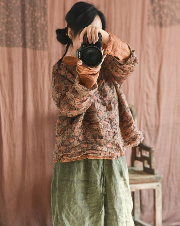 燕燕~棉麻商品~春秋夏款  輕薄苧麻. 數碼印花文藝復古長袖 上衣 女式襯衫 外套 