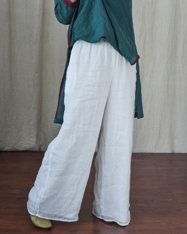 燕燕~棉麻商品~文藝清新飄逸雙層苧麻闊腿長褲寬鬆顯瘦直筒防曬休閒褲 民俗風寬褲 (全長內裡） 