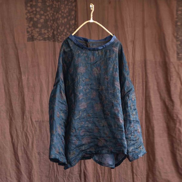 燕燕. 苧麻 撞色休閒輕薄上衣 復古寬鬆襯衫 長袖棉麻衫 