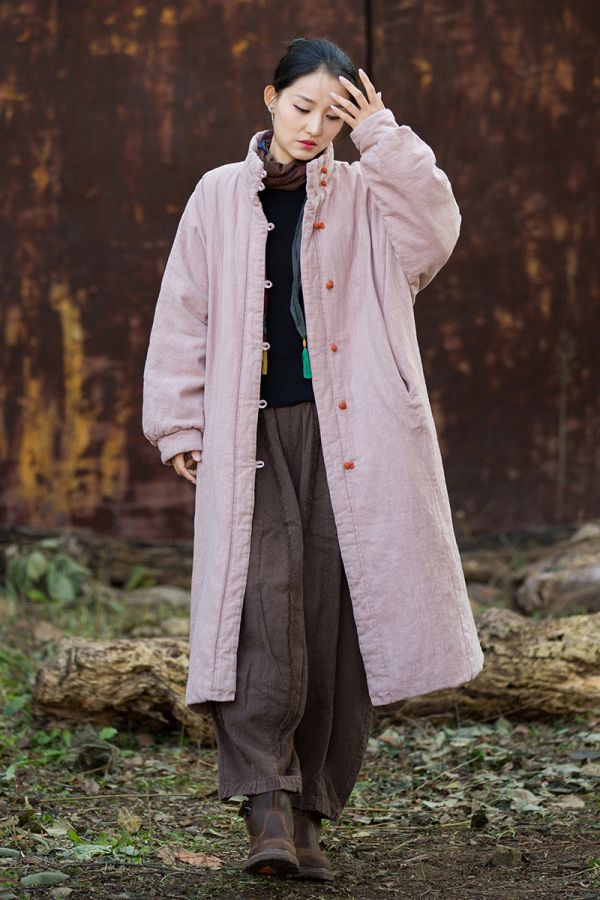 燕燕~冬季新款 寬鬆復古砂洗盤扣長棉服夾棉保暖棉衣外套 長大衣 