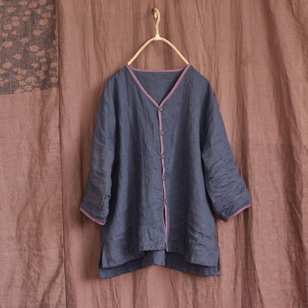 燕燕~亞麻。七分袖撞色邊V領開衫文藝上衣 襯衫 長袖棉麻衫 