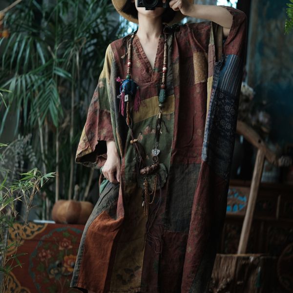 燕燕~寬鬆版型（此件商品不退換）~文藝復古棉麻襯衫裙 休閒寬鬆中袖V領連身裙袍子洋裝 ab221001 