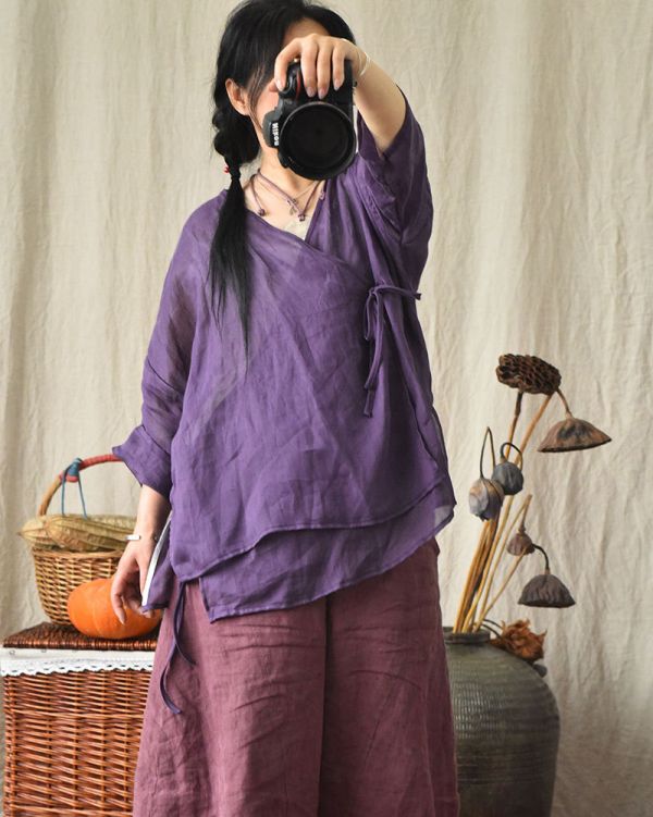 燕燕~棉麻商品 輕薄款 苧麻材質 斜襟開衫繫帶上衣 長袖棉麻衫 