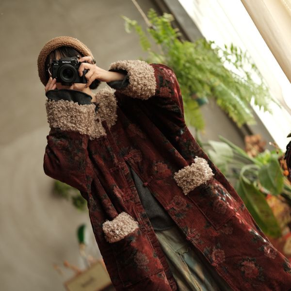 燕燕~秋季新款 訂製復古文藝羊捲毛絨絨對襟盤扣大棉袍外套 ab222501 