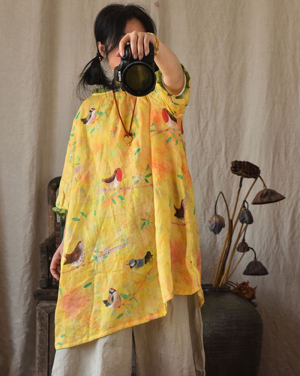 燕燕~棉麻商品 苧麻數碼印花中長款上衣 盤扣撞色荷葉領減齡七分袖棉麻衫 襯衫 