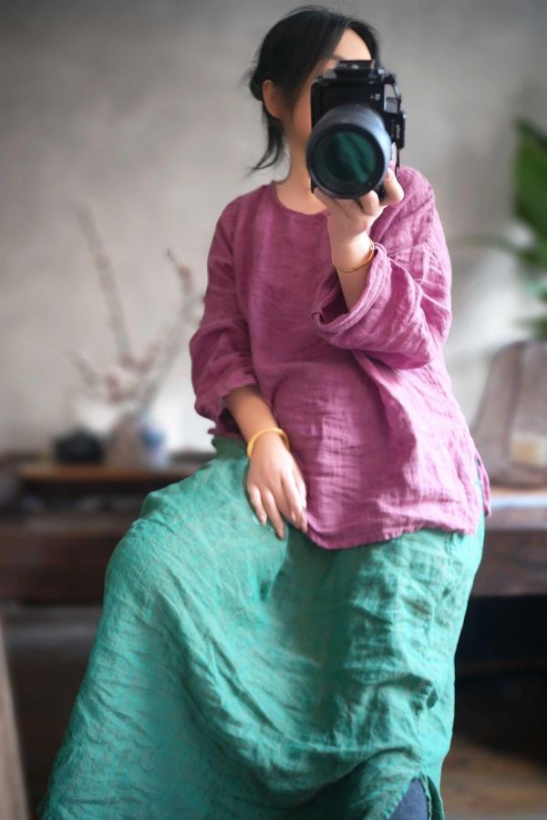 燕燕~ 四季款 色織亞麻文藝復古圓領上衣 