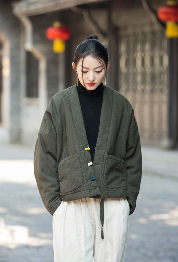 燕燕~棉麻商品~秋冬新品   復古盤扣夾棉上衣女式苧麻保暖短款棉衣外套 