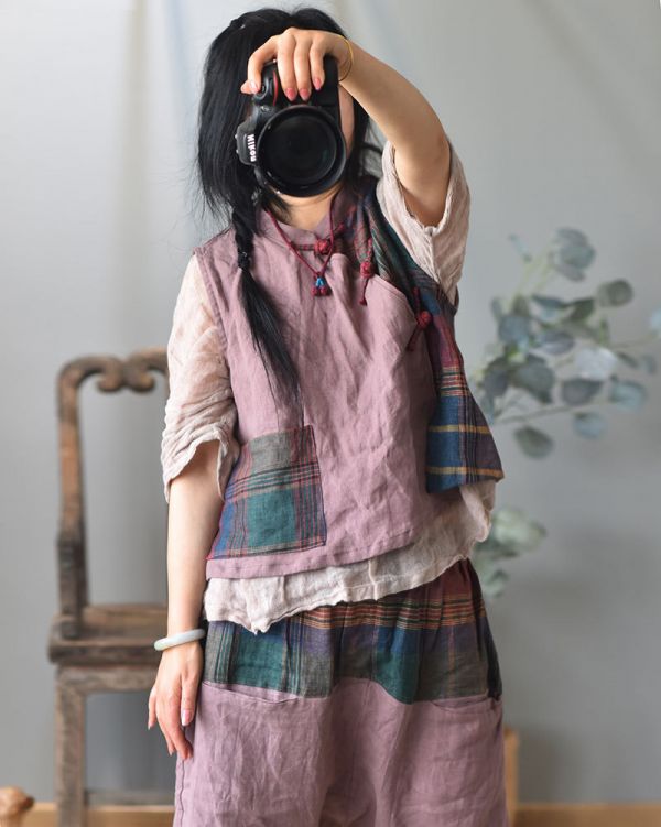 燕燕棉麻 秋冬款 拼色偏襟盤扣背心 