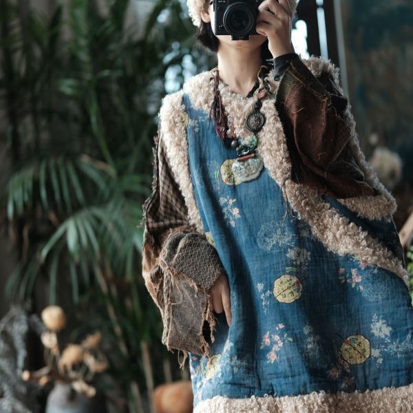 燕燕 復古斜襟盤扣羊捲毛夾棉背心棉衣棉服外套 ab2224101 