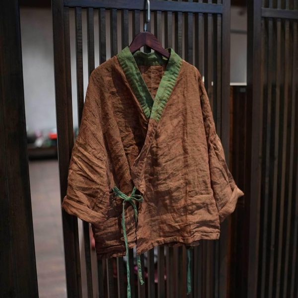 燕燕~寬鬆版型 高品質色織條紋亞麻 傳統中式交領上衣 外套 