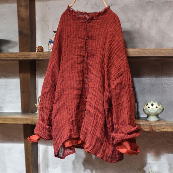 燕燕~ 亞麻   稀疏條紋色織砂洗毛邊外套 百搭長袖休閒寬鬆麻衫 