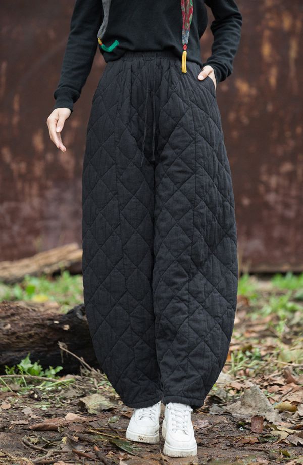 燕燕~秋冬新款 夾棉加厚絎縫菱形格老爹褲 文藝寬鬆百搭女式棉褲 長褲 