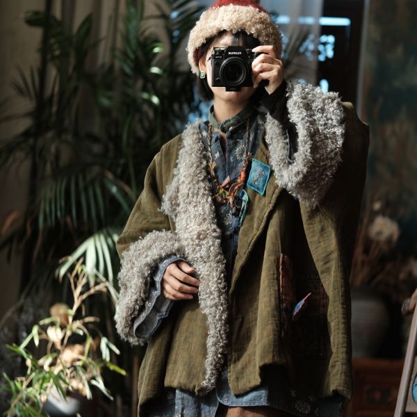 燕燕~秋冬新款 復古文藝羊捲毛翻領夾棉棉衣外套 ab227601 