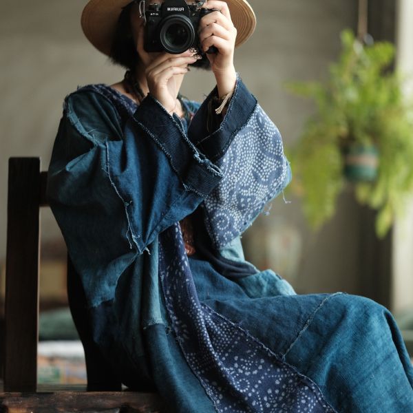 燕燕~(寬鬆版型）~復古文藝老古布拼接洋裝禪意袍子 連身裙。ab224301 (此件商品不退換） 