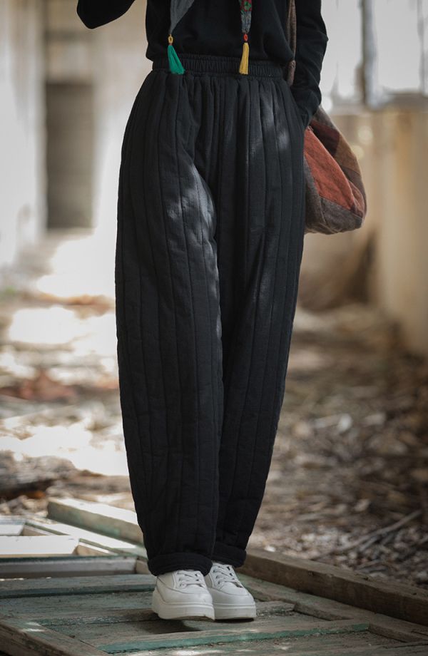 燕燕~冬季新款 夾棉加厚保暖休閒褲 絎縫豎格個性棉褲 長褲 