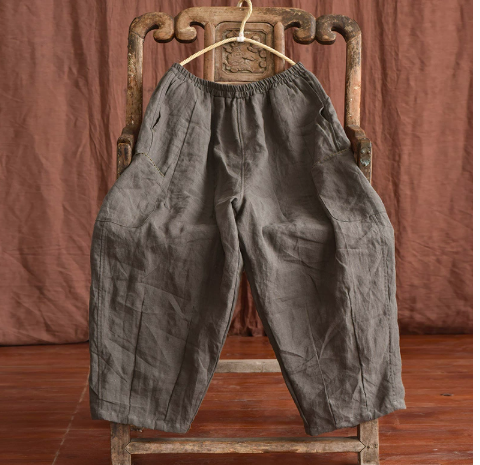 燕燕~春秋夏款 手工縫線工裝 亞麻寬鬆闊腿長褲 休閒褲 