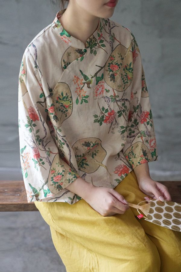 燕燕~棉麻~印花斜襟玉扣襯衫    復古中式禪意茶服 上衣。ab1920801 